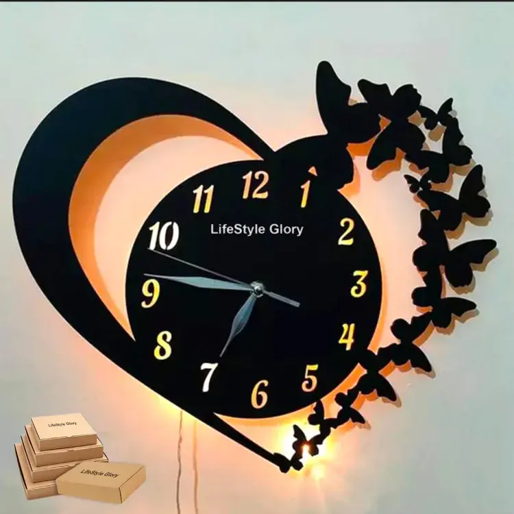 Heart Shape Wooden Clock | Wall Clock for drawing room With Premium Light