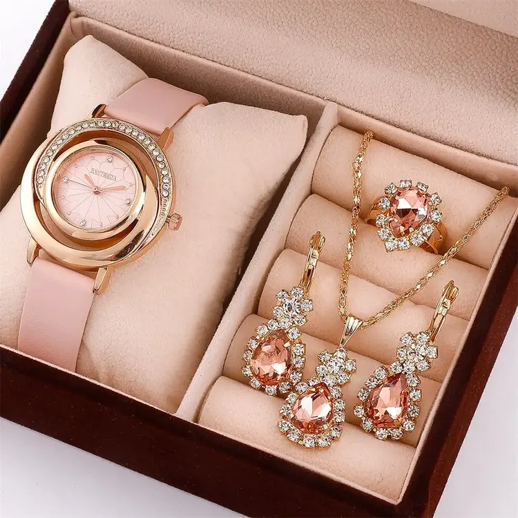 5 PCS Set Luxury Ring Necklace Earring Watch Women