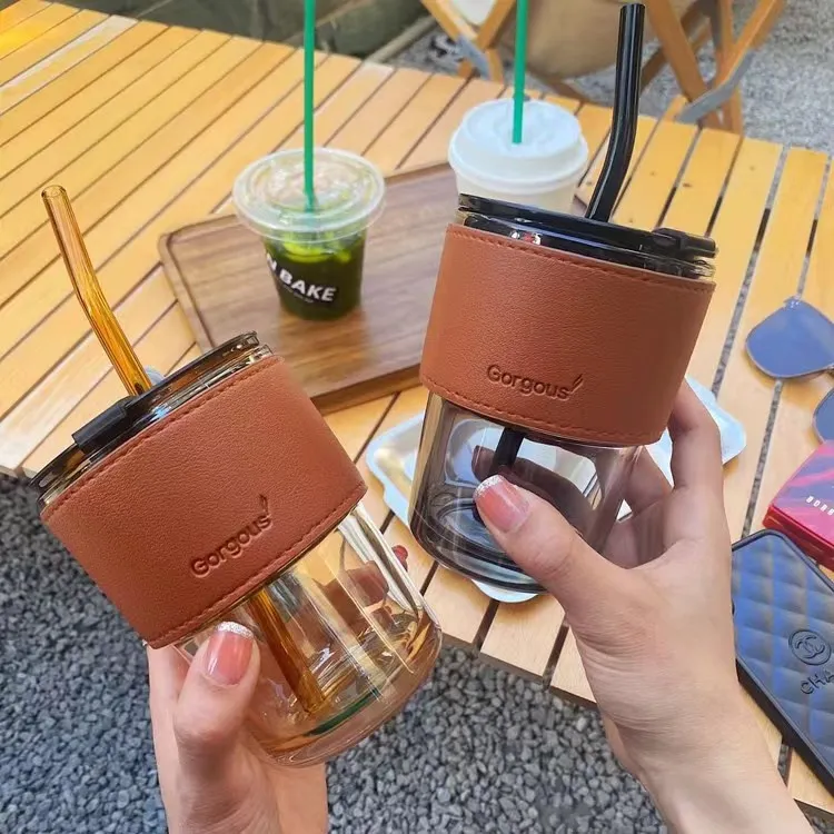 450 ml Glass Coffee Mugs with Lids Straws and Leather Sleeves