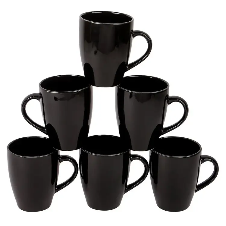 Set of 6 Ceramic Black Large Mugs Elegant and Practical Black Cups