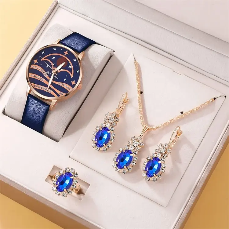 5 PCS Set Luxury Ring Necklace Earring And Watch Women
