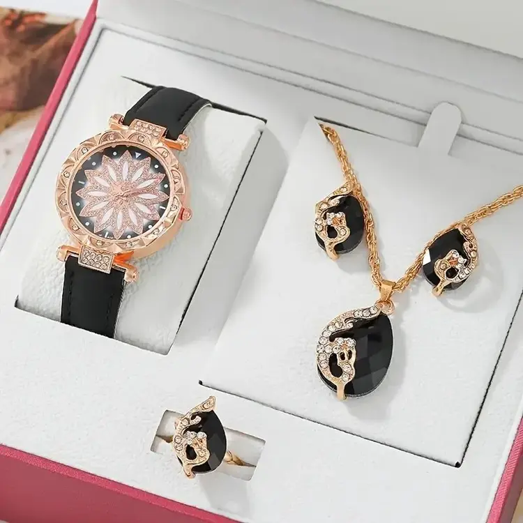 5 Pcs Women Diamond Watch Set with Starry Square Dial and Leather Band