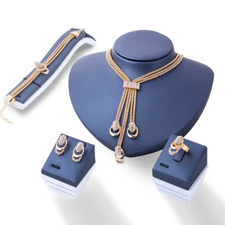 4Pcs Jewelry Set Rings Necklace Earrings Bracelet Golden Jewelry For Women