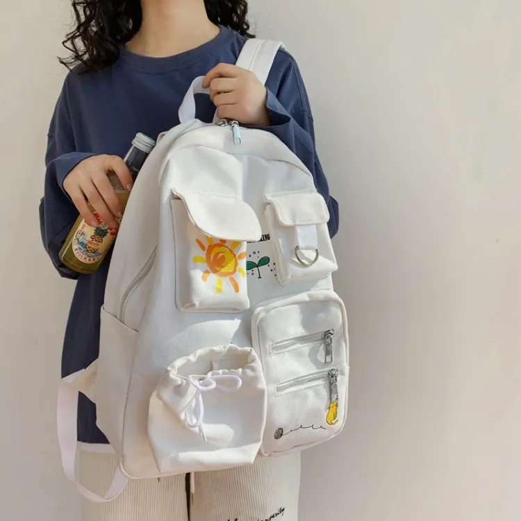Cute Canvas School Bag for Teenage Girls with Multiple Pockets