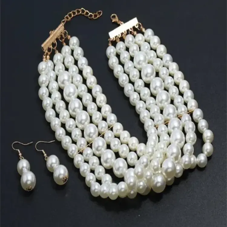 5 Layer Pearl Necklace Earings choker Set For Women