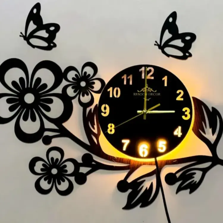 Flower Shaped Wooden Wall Clock Timepiece