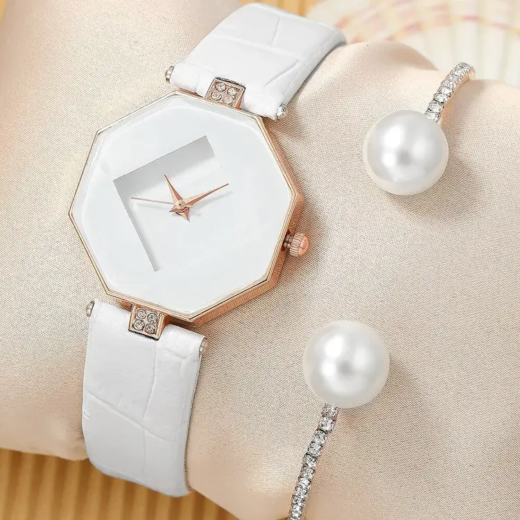 White Rhinestone Pearl Watch Bracelet Set for Women