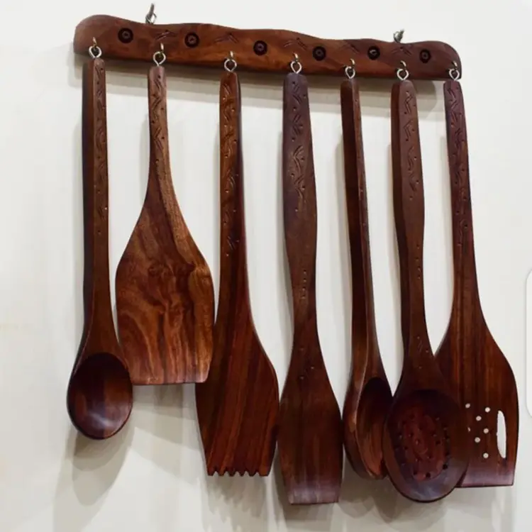 Wooden Spoon Set with Hanging Stand for Kitchen