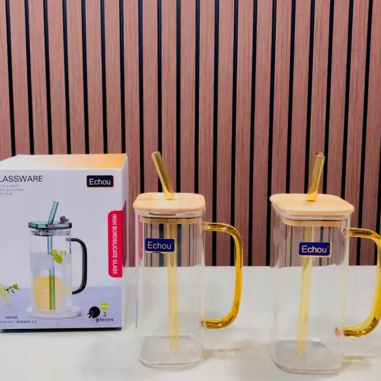 2 Pcs juice Glass lid Straw Fancy Glass Set